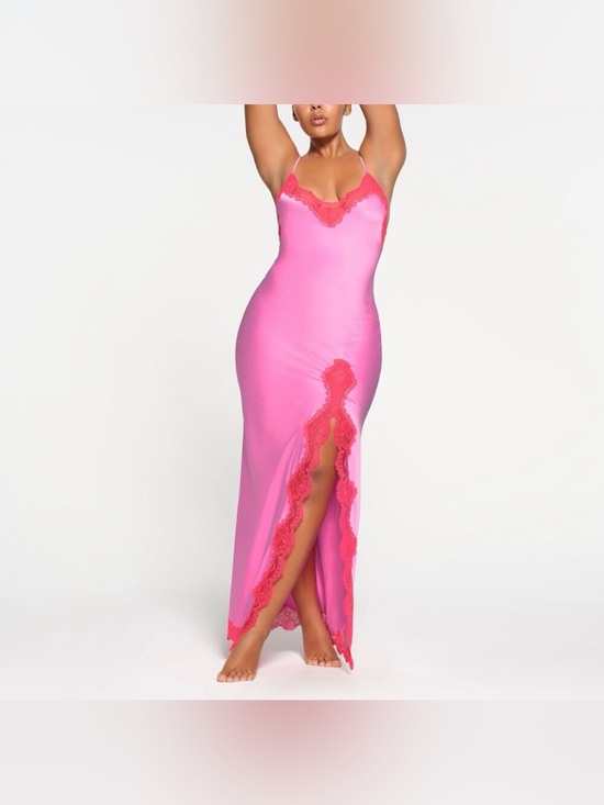 SKIMS Dresses & Skirts - SKIMS Stretch Satin Lace Long Neon Orchid Pink Dress